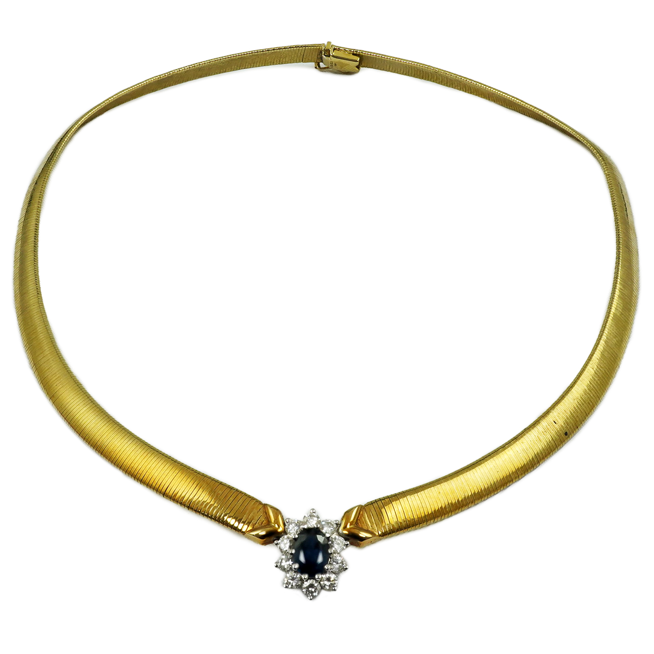 A modern 9ct gold necklet, with central sapphire and diamond set oval cluster